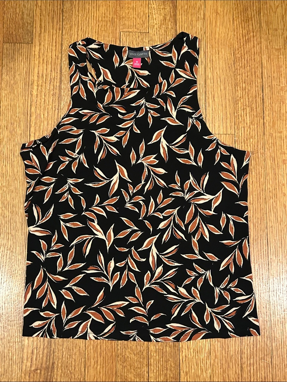 Vince Camuto Black Sleeveless Tank with Rust and Cream Leaf Print